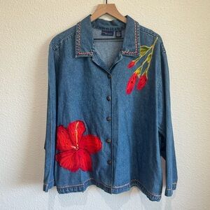 VTG Womens 1X Hibiscus Beaded Denim Jacket Boho Festival Floral Shacket Blue